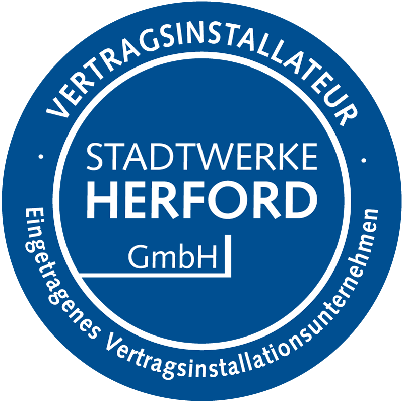 Blaues rundes Vertragsinstallateur Logo mit dem SWH Logo in der Mitte.
